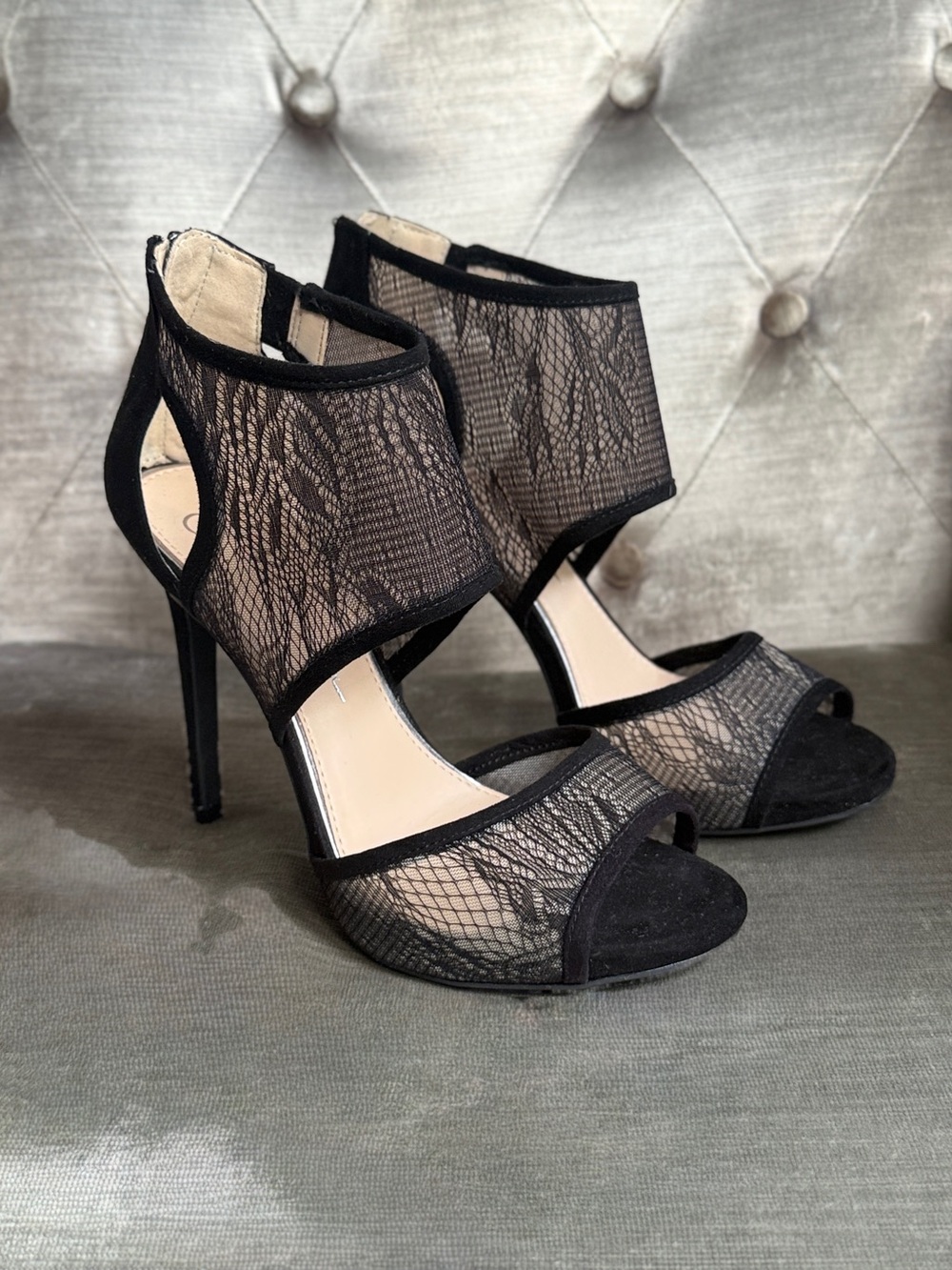 Jessica Simpson JP-RAVEERO Black Lace Mesh Peep Toe Stiletto Ankle Cuff Heels 7M